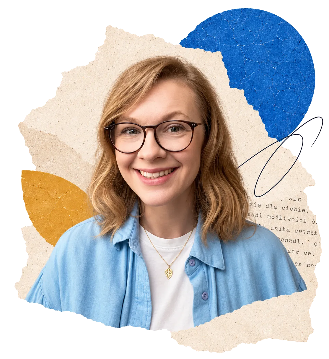 Daria Bajda w okularach i niebieskiej koszuli, uśmiechająca się do aparatu.
